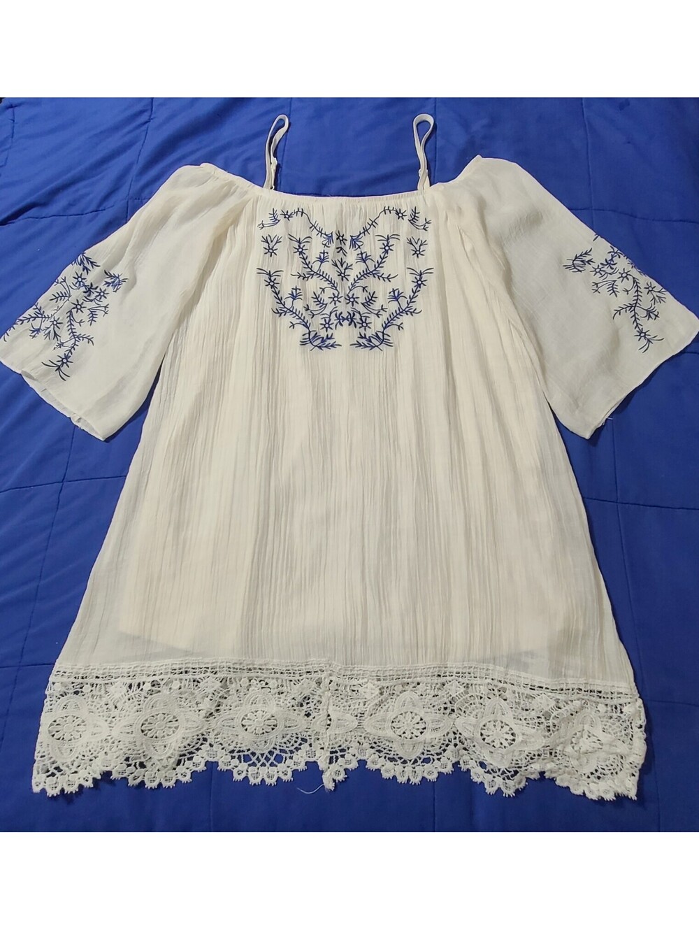 J Gee Boho Peasant Dress Womens Size PS White Embroidered Cold Shoulder Crochet